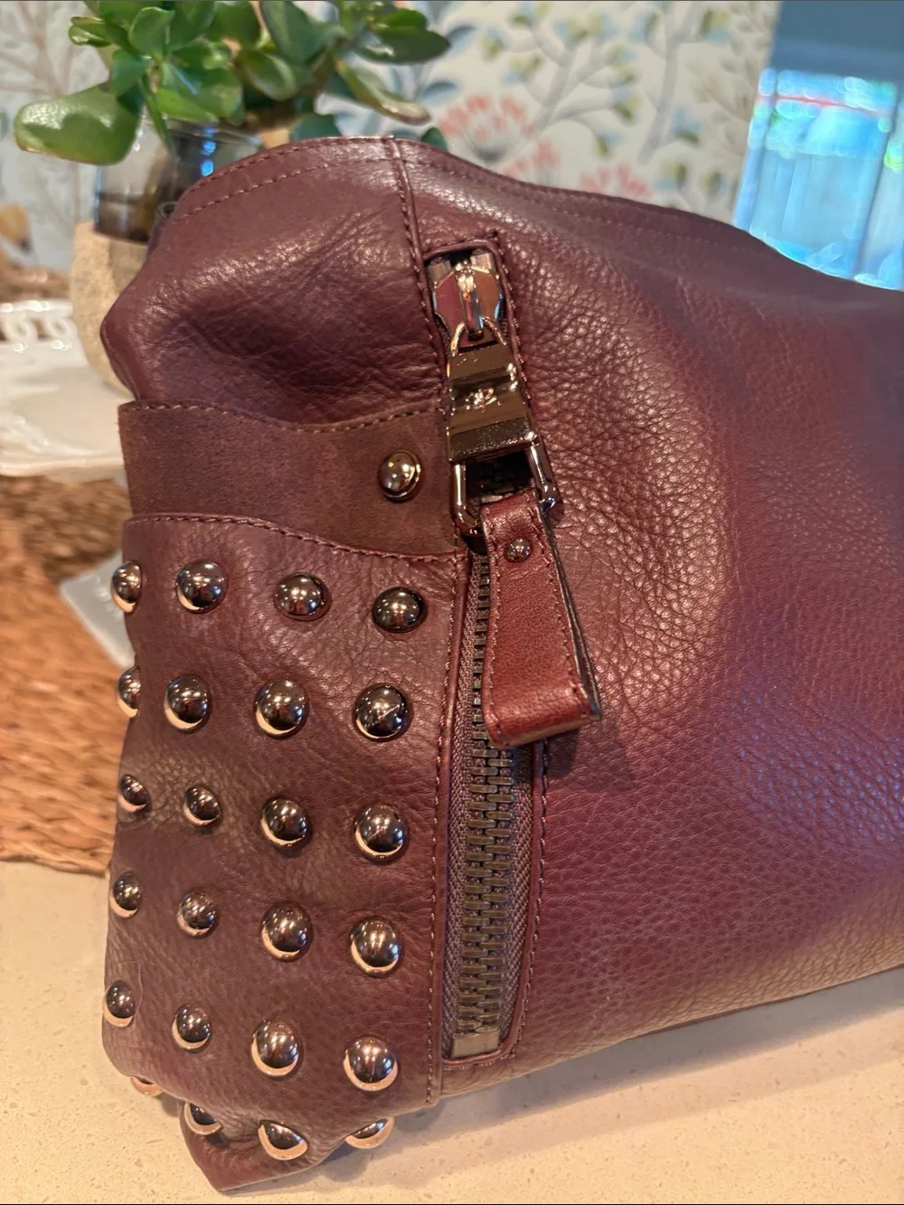 Makowsky Rose-Gold Studded Brown Leather Crossbody Hobo Bag